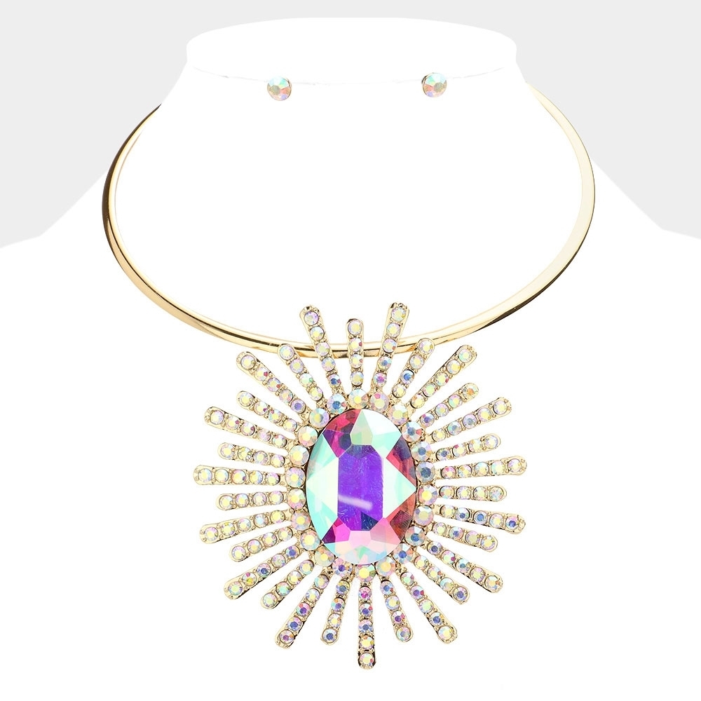 Abstract Oval Sunburst Pendant Choker Necklace Abstract Statement Crystal Set